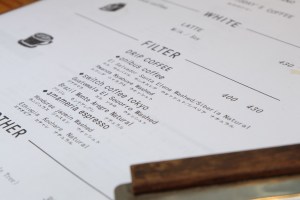 Close up shot of filter coffee menu at About Life Coffee Brewers Shibuya Tokyo Japan
