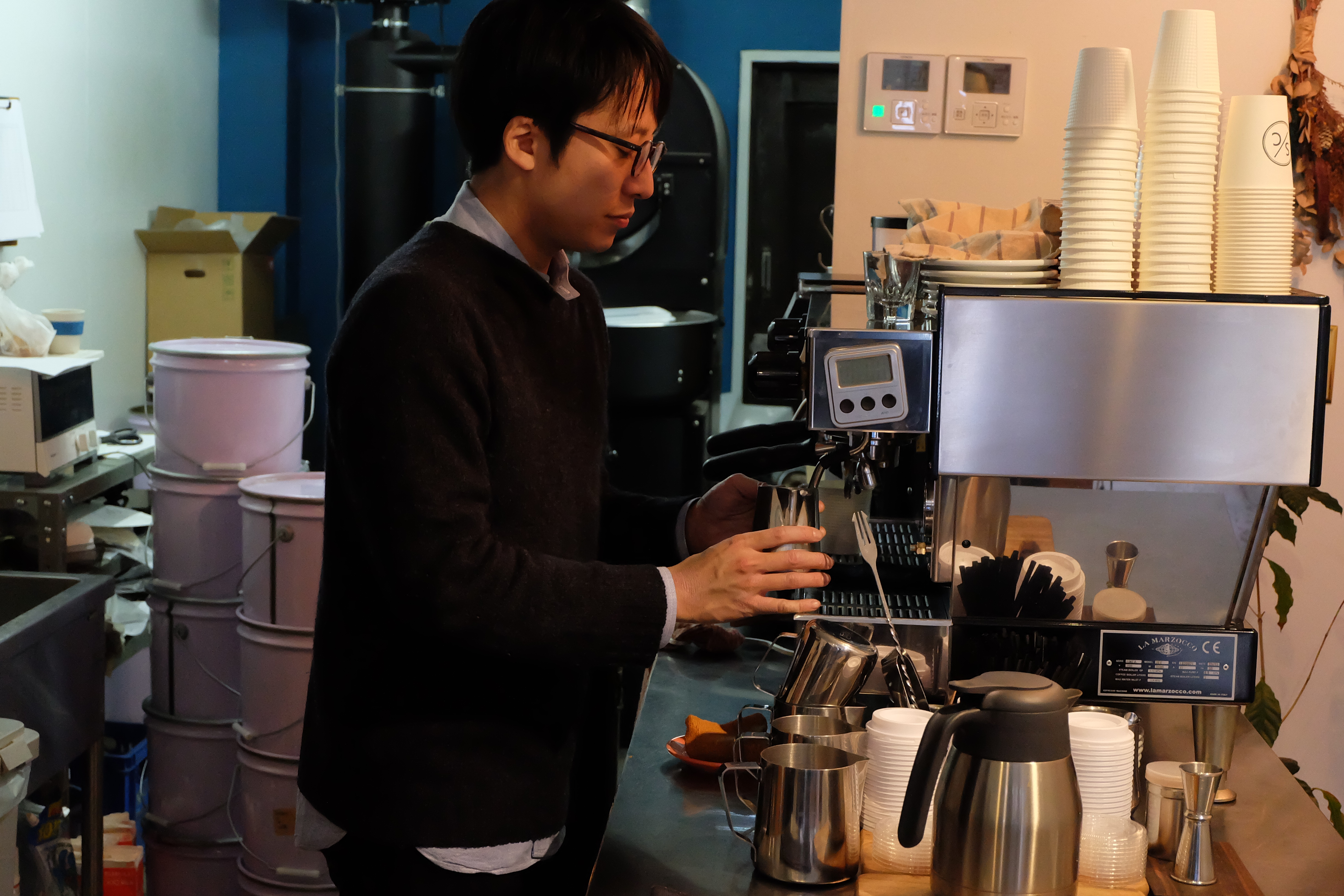 Barista on Espresso Machine at Switch Coffee Tokyo Meguro Japan