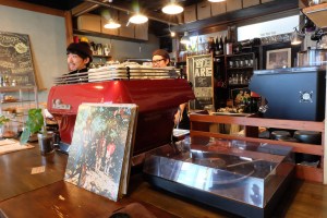 Espresso Machine at Record Player at Woodberry Coffee Roasters in Yoga Tokyo Japan