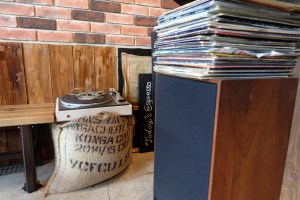 Records, Speaker, and coffee beans at Woodberry Coffee Roasters in Yoga Tokyo Japan