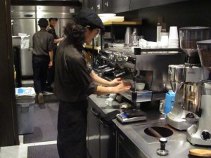 Barista at Work on Espresso Machine at Paul Bassett Shibuya Tokyo Japan