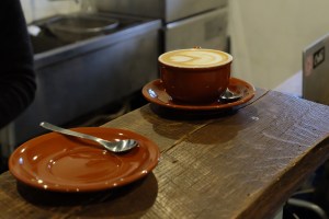 Latte art and coffee cups and saucers at Life Size Cribe in Kokubunji