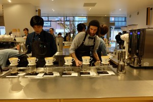 Blue Bottle Coffee Shinjuku Baristas at pour over station Tokyo Japan
