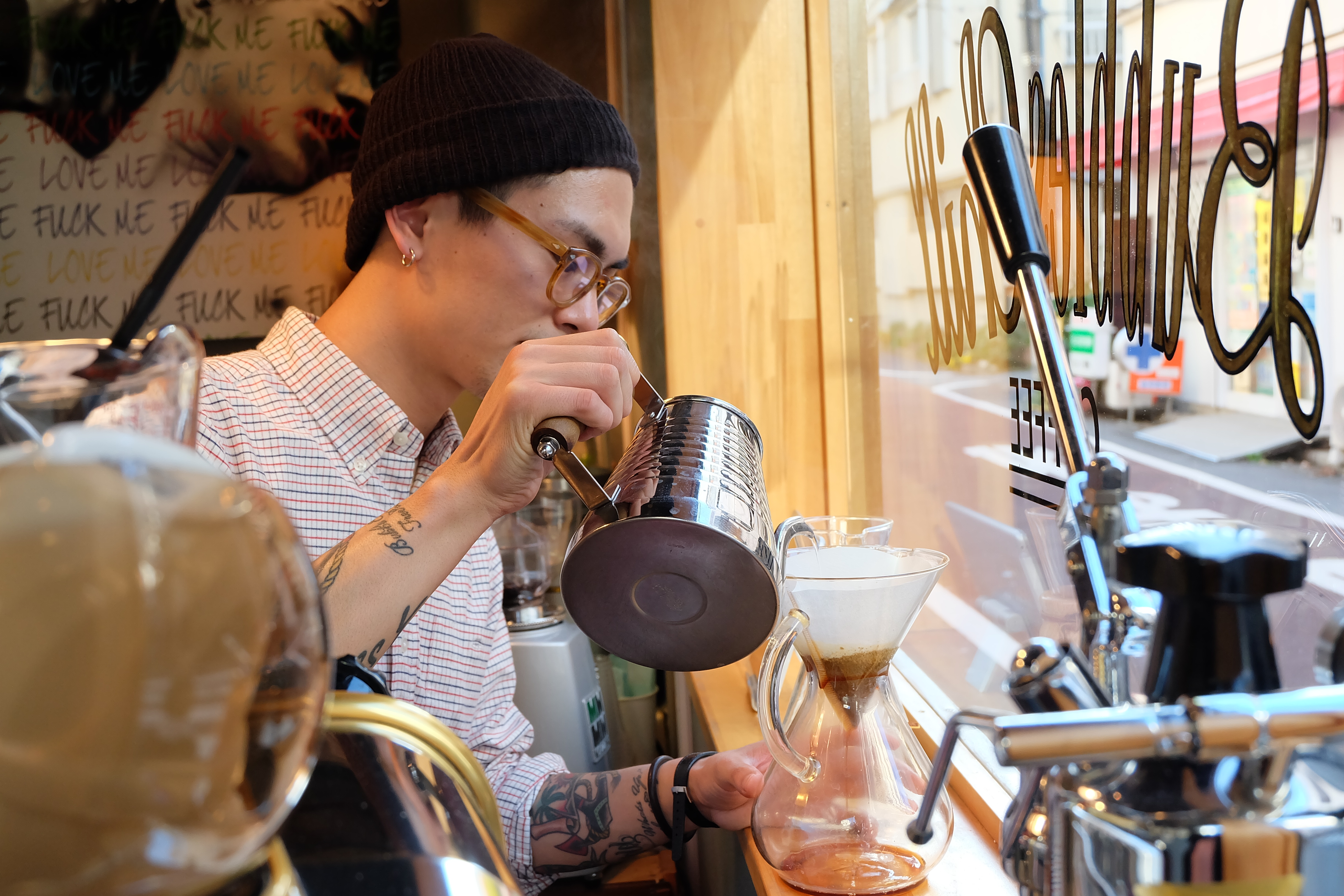 Barista Making a Pour Over at Bubbles Chill Coffee Meguro Tokyo Cafe