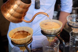 Copper Kettle and Hario V60 Coffee cone at Glitch Coffee and Roasters in Jimbocho Tokyo Japan