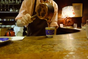 Barista pouring coffee at Cafe de Lambre Kissaten Cafe in Ginza Tokyo Japan