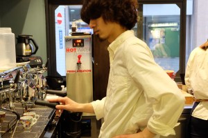 Barista at Espresso Machine at Sarutahiko Coffee in Beams Japan Shinjuku Tokyo