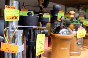Shelf of Coffee Grinders at Yamamoto Coffee Store in Shinjuku Tokyo Japan