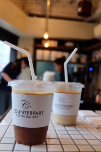 Iced drinks on counter at Counterpart Coffee Gallery Shinjuku Tokyo Japan