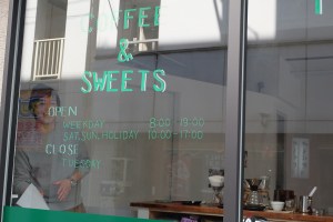 Coffee & Sweets Window Sign at 4/4 (All) Seasons Coffee Shinjuku Tokyo Japan